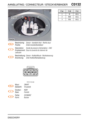 Page 324AANSLUITING / CONNECTEUR / STECKVERBINDERC0132
DISCOVERY
C0 132
Beschrijving:Sensor - brandstof-druk - Rechts stuur
Positie:Onder brandstoftankdeksel
Description:Sonde de pression d’alimentation - CAD
Emplacement:Sous le couvercle du réservoir de 
carburant
Beschreibung:Sensor - Kraftstoffdruck - Rechtssteuerung
Anordnung:Unter Kraftstofftankabdeckung
Kleur:ZWART
Geslacht:Vrouwelijk
Couleur:NOIR
Sexe:Femelle
Farbe:SCHWARZ
Form:Buchse
C132
C114
P5435
CavColCct
1RALL
2RBALL
3GKALL 