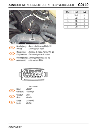 Page 328AANSLUITING / CONNECTEUR / STECKVERBINDERC0149
DISCOVERY
C0 149
Beschrijving:Sensor - luchtmassa (MAF) - V8
Positie:Linker voorkant motor
Description:Détecteur de masse d'air (MAF) - V8
Emplacement:Partie avant gauche du moteur
Beschreibung:Luftmengenmesser (MAF) - V8
Anordnung:Links vorn am Motor
Kleur:ZWART
Geslacht:Vrouwelijk
Couleur:NOIR
Sexe:Femelle
Farbe:SCHWARZ
Form:Buchse
C149
P5378
CavColCct
1SLG1
2NK1
3RB1
4R1
5UG1 