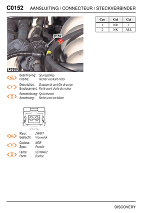 Page 329C0152AANSLUITING / CONNECTEUR / STECKVERBINDER
DISCOVERY
C015 2
Beschrijving:Spuiregelklep
Positie:Rechter voorkant motor
Description:Soupape de contrôle de purge
Emplacement:Partie avant droite du moteur
Beschreibung:Spülluftventil
Anordnung:Rechts vorn am Motor
Kleur:ZWART
Geslacht:Vrouwelijk
Couleur:NOIR
Sexe:Femelle
Farbe:SCHWARZ
Form:Buchse
C152
P5380
CavColCct
1NR1
2NKALL 
