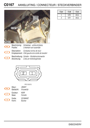 Page 335C0167AANSLUITING / CONNECTEUR / STECKVERBINDER
DISCOVERY
C016 7
Beschrijving:Schakelaar - achteruitrijlamp
Positie:Linkerkant van tussenbak
Description:Contacteur de feu de recul
Emplacement:Côté gauche de la boîte de transfert
Beschreibung:Schalter - Rückfahrscheinwerfer
Anordnung:Links am Verteilergetriebe
Kleur:ZWART
Geslacht:Vrouwelijk
Couleur:NOIR
Sexe:Femelle
Farbe:SCHWARZ
Form:Buchse
C686
P5417
C167
C687
CavColCct
1GNALL
2GYALL 