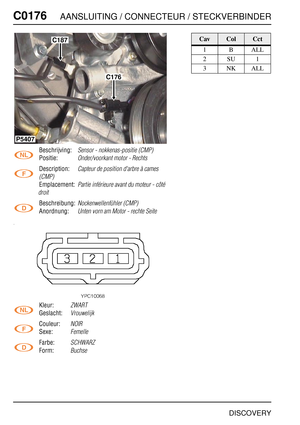 Page 341C0176AANSLUITING / CONNECTEUR / STECKVERBINDER
DISCOVERY
C017 6
Beschrijving:Sensor - nokkenas-positie (CMP)
Positie:Onder/voorkant motor - Rechts
Description:Capteur de position d'arbre à cames 
(CMP)
Emplacement:Partie inférieure avant du moteur - côté 
droit
Beschreibung:Nockenwellenfühler (CMP)
Anordnung:Unten vorn am Motor - rechte Seite
Kleur:ZWART
Geslacht:Vrouwelijk
Couleur:NOIR
Sexe:Femelle
Farbe:SCHWARZ
Form:Buchse
C187
C176
P5407
CavColCct
1BALL
2SU1
3NKALL 