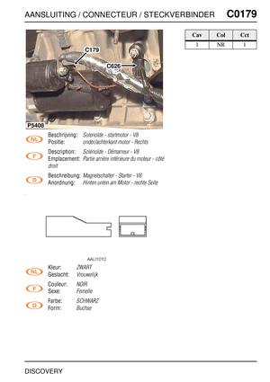 Page 342AANSLUITING / CONNECTEUR / STECKVERBINDERC0179
DISCOVERY
C0 179
Beschrijving:Solenoïde - startmotor - V8
Positie:onder/achterkant motor - Rechts
Description:Solénoïde - Démarreur - V8
Emplacement:Partie arrière inférieure du moteur - côté 
droit
Beschreibung:Magnetschalter - Starter - V8
Anordnung:Hinten unten am Motor - rechte Seite
Kleur:ZWART
Geslacht:Vrouwelijk
Couleur:NOIR
Sexe:Femelle
Farbe:SCHWARZ
Form:Buchse
C179
C626
P5408
CavColCct
1NR1 