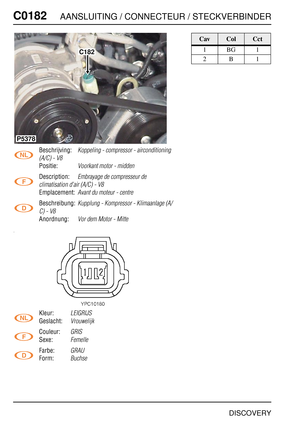 Page 345C0182AANSLUITING / CONNECTEUR / STECKVERBINDER
DISCOVERY
C018 2
Beschrijving:Koppeling - compressor - airconditioning 
(A/C) - V8
Positie:Voorkant motor - midden
Description:Embrayage de compresseur de 
climatisation d’air (A/C) - V8
Emplacement:Avant du moteur - centre
Beschreibung:Kupplung - Kompressor - Klimaanlage (A/
C) - V8
Anordnung:Vor dem Motor - Mitte
Kleur:LEIGRIJS
Geslacht:Vrouwelijk
Couleur:GRIS
Sexe:Femelle
Farbe:GRAU
Form:Buchse
C182
P5378
CavColCct
1BG1
2B1 