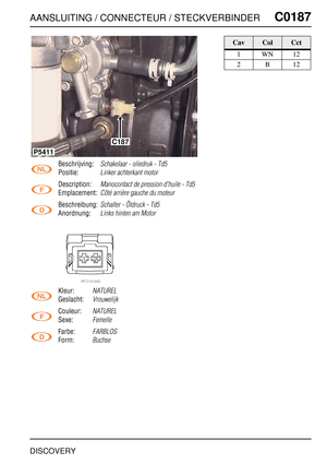 Page 348AANSLUITING / CONNECTEUR / STECKVERBINDERC0187
DISCOVERY
C0 187
Beschrijving:Schakelaar - oliedruk - Td5
Positie:Linker achterkant motor
Description:Manocontact de pression d’huile - Td5
Emplacement:Côté arrière gauche du moteur
Beschreibung:Schalter - Öldruck - Td5
Anordnung:Links hinten am Motor
Kleur:NATUREL
Geslacht:Vrouwelijk
Couleur:NATUREL
Sexe:Femelle
Farbe:FARBLOS
Form:Buchse
C187
P5411
CavColCct
1WN12
2B12 