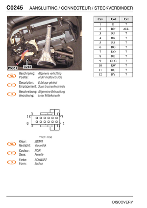 Page 383C0245AANSLUITING / CONNECTEUR / STECKVERBINDER
DISCOVERY
C024 5
Beschrijving:Algemene verlichting
Positie:onder middenconsole
Description:Eclairage général
Emplacement:Sous la console centrale
Beschreibung:Allgemeine Beleuchtung
Anordnung:Unter Mittelkonsole
Kleur:ZWART
Geslacht:Vrouwelijk
Couleur:NOIR
Sexe:Femelle
Farbe:SCHWARZ
Form:Buchse
C245P5351
CavColCct
1B7
2RNALL
3RP7
4RK7
5RS7
6RG7
7UO7
8RB7
9GLG7
10 RW 7
11 RU 7
12 RY 7 