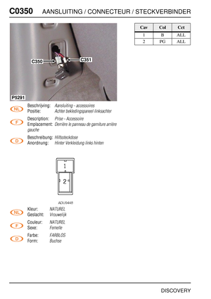 Page 433C0350AANSLUITING / CONNECTEUR / STECKVERBINDER
DISCOVERY
C035 0
Beschrijving:Aansluiting - accessoires
Positie:Achter bekledingspaneel linksachter
Description:Prise - Accessoire
Emplacement:Derrière le panneau de garniture arrière 
gauche
Beschreibung:Hilfssteckdose
Anordnung:Hinter Verkleidung links hinten
Kleur:NATUREL
Geslacht:Vrouwelijk
Couleur:NATUREL
Sexe:Femelle
Farbe:FARBLOS
Form:Buchse
C350C351
P5291
CavColCct
1BALL
2PGALL 