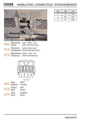 Page 435C0355AANSLUITING / CONNECTEUR / STECKVERBINDER
DISCOVERY
C035 5
Beschrijving:Lamp - interieur - voor
Positie:Achter interieurverlichting
Description:Lampe intérieure avant
Emplacement:Derrière l'éclairage intérieur
Beschreibung:Leuchte - innen - vorn
Anordnung:Hinter Innenbeleuchtung
Kleur:ZWART
Geslacht:Vrouwelijk
Couleur:NOIR
Sexe:Femelle
Farbe:SCHWARZ
Form:Buchse
C355
P5301
CavColCct
1PALL
2PUALL
3BALL 