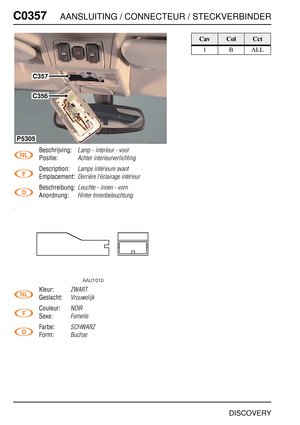 Page 437C0357AANSLUITING / CONNECTEUR / STECKVERBINDER
DISCOVERY
C035 7
Beschrijving:Lamp - interieur - voor
Positie:Achter interieurverlichting
Description:Lampe intérieure avant
Emplacement:Derrière l'éclairage intérieur
Beschreibung:Leuchte - innen - vorn
Anordnung:Hinter Innenbeleuchtung
Kleur:ZWART
Geslacht:Vrouwelijk
Couleur:NOIR
Sexe:Femelle
Farbe:SCHWARZ
Form:Buchse
C356
C357
P5305
CavColCct
1BALL 