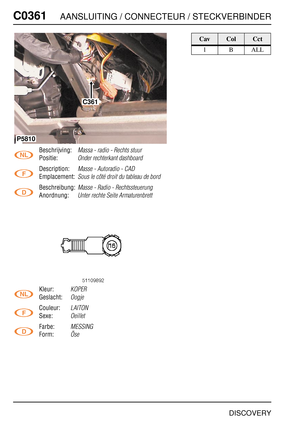 Page 441C0361AANSLUITING / CONNECTEUR / STECKVERBINDER
DISCOVERY
C036 1
Beschrijving:Massa - radio - Rechts stuur
Positie:Onder rechterkant dashboard
Description:Masse - Autoradio - CAD
Emplacement:Sous le côté droit du tableau de bord
Beschreibung:Masse - Radio - Rechtssteuerung
Anordnung:Unter rechte Seite Armaturenbrett
Kleur:KOPER
Geslacht:Oogje
Couleur:LAITON
Sexe:Oeillet
Farbe:MESSING
Form:Öse
C361
P5810
CavColCct
1BALL 