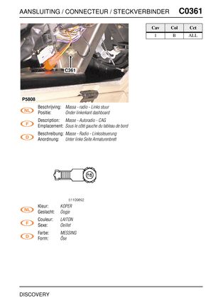 Page 442AANSLUITING / CONNECTEUR / STECKVERBINDERC0361
DISCOVERY
C0 361
Beschrijving:Massa - radio - Links stuur
Positie:Onder linkerkant dashboard
Description:Masse - Autoradio - CAG
Emplacement:Sous le côté gauche du tableau de bord
Beschreibung:Masse - Radio - Linkssteuerung
Anordnung:Unter linke Seite Armaturenbrett
Kleur:KOPER
Geslacht:Oogje
Couleur:LAITON
Sexe:Oeillet
Farbe:MESSING
Form:Öse
C361
P5808
CavColCct
1BALL 