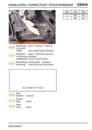 Page 458AANSLUITING / CONNECTEUR / STECKVERBINDERC0416
DISCOVERY
C0 416
Beschrijving:Sensor - temperatuur - verwarming; 
koelvloeistof
Positie:achter middelste gedeelte dashboard
Description:Capteur - Température de liquide de 
refroidissement de chauffage
Emplacement:Derrière le centre du tableau
Beschreibung:Temperaturfühler - - Heizwasser
Anordnung:Hinter der Mitte des Armaturenbretts
Kleur:
Geslacht:
Vrouwelijk
Couleur:
Sexe:
Femelle
Farbe:
Form:
Buchse
P5458
C417
C416
CavColCct
1BWALL
2RBALL 