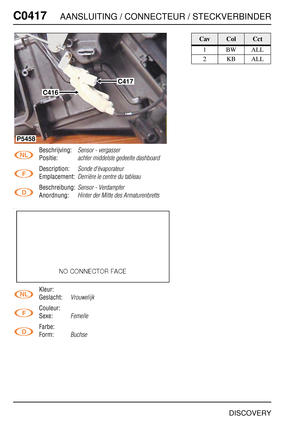 Page 459C0417AANSLUITING / CONNECTEUR / STECKVERBINDER
DISCOVERY
C041 7
Beschrijving:Sensor - vergasser
Positie:achter middelste gedeelte dashboard
Description:Sonde d'évaporateur
Emplacement:Derrière le centre du tableau
Beschreibung:Sensor - Verdampfer
Anordnung:Hinter der Mitte des Armaturenbretts
Kleur:
Geslacht:
Vrouwelijk
Couleur:
Sexe:
Femelle
Farbe:
Form:
Buchse
P5458
C417
C416
CavColCct
1BWALL
2KBALL 
