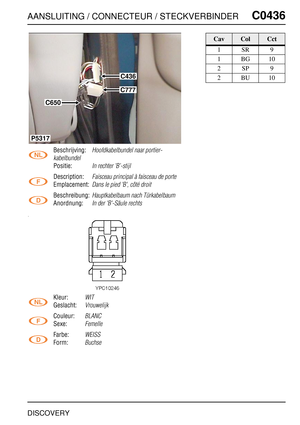 Page 468AANSLUITING / CONNECTEUR / STECKVERBINDERC0436
DISCOVERY
C0 436
Beschrijving:Hoofdkabelbundel naar portier-
kabelbundel
Positie:In rechter ’B’-stijl
Description:Faisceau principal à faisceau de porte
Emplacement:Dans le pied 'B', côté droit
Beschreibung:Hauptkabelbaum nach Türkabelbaum
Anordnung:In der 'B'-Säule rechts
Kleur:WIT
Geslacht:Vrouwelijk
Couleur:BLANC
Sexe:Femelle
Farbe:WEISS
Form:Buchse
C436
C777
C650
P5317
CavColCct
1SR9
1BG10
2SP9
2BU10 