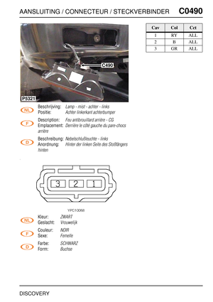 Page 496AANSLUITING / CONNECTEUR / STECKVERBINDERC0490
DISCOVERY
C0 490
Beschrijving:Lamp - mist - achter - links
Positie:Achter linkerkant achterbumper
Description:Feu antibrouillard arrière - CG
Emplacement:Derrière le côté gauche du pare-chocs 
arrière
Beschreibung:Nebelschlußleuchte - links
Anordnung:Hinter der linken Seite des Stoßfängers 
hinten
Kleur:ZWART
Geslacht:Vrouwelijk
Couleur:NOIR
Sexe:Femelle
Farbe:SCHWARZ
Form:Buchse
C490
P5321
CavColCct
1RYALL
2BALL
3GRALL 