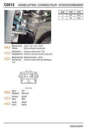 Page 513C0513AANSLUITING / CONNECTEUR / STECKVERBINDER
DISCOVERY
C051 3
Beschrijving:Lamp - mist - voor - rechts
Positie:Achter rechterkant voorbumper
Description:Projecteur antibrouillard - CD
Emplacement:Derrière le côté droit du pare-chocs avant
Beschreibung:Nebelscheinwerfer - rechts
Anordnung:Hinter der rechten Seite des Stoßfängers 
vorn
Kleur:WIT
Geslacht:Mannelijk
Couleur:BLANC
Sexe:Mâle
Farbe:WEISS
Form:Stecker
C513
P5420
CavColCct
1UPALL
2BALL 