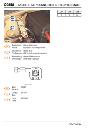 Page 543C0558AANSLUITING / CONNECTEUR / STECKVERBINDER
DISCOVERY
C055 8
Beschrijving:Massa - Links stuur
Positie:Rechterkant motorcompartiment
Description:Masse - CAG
Emplacement:Côté droit du compartiment moteur
Beschreibung:Masse - Linkssteuerung
Anordnung:rechte Seite Motorraum
Kleur:KOPER
Geslacht:
Couleur:
LAITON
Sexe:
Farbe:
MESSING
Form:
C558
C559
C560
C810
C811
P5365
CavColCct
1B33 