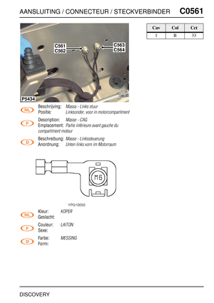 Page 548AANSLUITING / CONNECTEUR / STECKVERBINDERC0561
DISCOVERY
C0 561
Beschrijving:Massa - Links stuur
Positie:Linksonder, voor in motorcompartiment
Description:Masse - CAG
Emplacement:Partie inférieure avant gauche du 
compartiment moteur
Beschreibung:Masse - Linkssteuerung
Anordnung:Unten links vorn im Motorraum
Kleur:KOPER
Geslacht:
Couleur:
LAITON
Sexe:
Farbe:
MESSING
Form:
P5434
C561C563
C562C564
CavColCct
1B33 