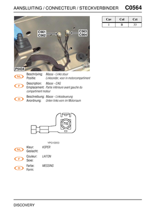 Page 554AANSLUITING / CONNECTEUR / STECKVERBINDERC0564
DISCOVERY
C0 564
Beschrijving:Massa - Links stuur
Positie:Linksonder, voor in motorcompartiment
Description:Masse - CAG
Emplacement:Partie inférieure avant gauche du 
compartiment moteur
Beschreibung:Masse - Linkssteuerung
Anordnung:Unten links vorn im Motorraum
Kleur:KOPER
Geslacht:
Couleur:
LAITON
Sexe:
Farbe:
MESSING
Form:
P5434
C561C563
C562C564
CavColCct
1B33 