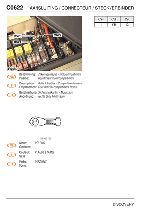 Page 587C0622AANSLUITING / CONNECTEUR / STECKVERBINDER
DISCOVERY
C062 2
Beschrijving:Zekeringenkastje - motorcompartiment
Positie:Rechterkant motorcompartiment
Description:Boîte à fusibles - Compartiment moteur
Emplacement:Côté droit du compartiment moteur
Beschreibung:Sicherungskasten - Motorraum
Anordnung:rechte Seite Motorraum
Kleur:VERTIND
Geslacht:
Couleur:
PLAQUE ETAMEE
Sexe:
Farbe:
VERZINNT
Form:
C622C570
C571
P5480
CavColCct
1YB12 