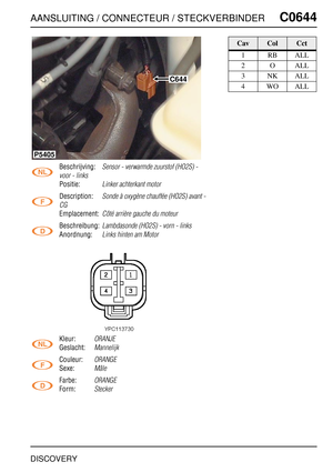 Page 600AANSLUITING / CONNECTEUR / STECKVERBINDERC0644
DISCOVERY
C0 644
Beschrijving:Sensor - verwarmde zuurstof (HO2S) - 
voor - links
Positie:Linker achterkant motor
Description:Sonde à oxygène chauffée (HO2S) avant - 
CG
Emplacement:Côté arrière gauche du moteur
Beschreibung:Lambdasonde (HO2S) - vorn - links
Anordnung:Links hinten am Motor
Kleur:ORANJE
Geslacht:Mannelijk
Couleur:ORANGE
Sexe:Mâle
Farbe:ORANGE
Form:Stecker
C644
P5405
CavColCct
1RBALL
2OALL
3NKALL
4WOALL 