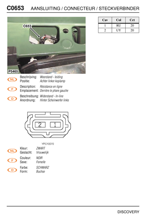 Page 607C0653AANSLUITING / CONNECTEUR / STECKVERBINDER
DISCOVERY
C065 3
Beschrijving:Weerstand - leiding
Positie:Achter linker koplamp
Description:Résistance en ligne
Emplacement:Derrière le phare gauche
Beschreibung:Widerstand - In-line
Anordnung:Hinter Scheinwerfer links
Kleur:ZWART
Geslacht:Vrouwelijk
Couleur:NOIR
Sexe:Femelle
Farbe:SCHWARZ
Form:Buchse
C653
P5465
CavColCct
1RU20
2UY20 