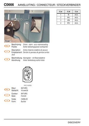 Page 625C0666AANSLUITING / CONNECTEUR / STECKVERBINDER
DISCOVERY
C066 6
Beschrijving:Sirene - alarm - accu-reservevoeding
Positie:Achter bekledingspaneel rechtsachter
Description:Sirène d'alarme à batterie de secours
Emplacement:Derrière le panneau de garniture arrière 
droit
Beschreibung:Alarmgeber - mit Reservebatterie
Anordnung:Hinter Verkleidung rechts hinten
Kleur:NATUREL
Geslacht:Vrouwelijk
Couleur:NATUREL
Sexe:Femelle
Farbe:FARBLOS
Form:Buchse
C666
P5307
CavColCct
1BALL
2PGALL
3PBALL
4POALL 