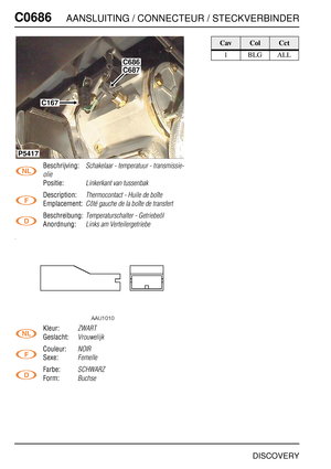 Page 641C0686AANSLUITING / CONNECTEUR / STECKVERBINDER
DISCOVERY
C068 6
Beschrijving:Schakelaar - temperatuur - transmissie-
olie
Positie:Linkerkant van tussenbak
Description:Thermocontact - Huile de boîte
Emplacement:Côté gauche de la boîte de transfert
Beschreibung:Temperaturschalter - Getriebeöl
Anordnung:Links am Verteilergetriebe
Kleur:ZWART
Geslacht:Vrouwelijk
Couleur:NOIR
Sexe:Femelle
Farbe:SCHWARZ
Form:Buchse
C686
P5417
C167
C687
CavColCct
1BLGALL 
