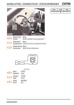 Page 654AANSLUITING / CONNECTEUR / STECKVERBINDERC0709
DISCOVERY
C0 709
Beschrijving:Massa
Positie:Rechter achterkant motorcompartiment
Description:Masse
Emplacement:Côté arrière droit du compartiment moteur
Beschreibung:Masse
Anordnung:Rechts hinten im Motorraum
Kleur:KOPER
Geslacht:Oogje
Couleur:LAITON
Sexe:Oeillet
Farbe:MESSING
Form:Öse
C203
C449
C557
P5374
C709
C807
CavColCct
1N1 