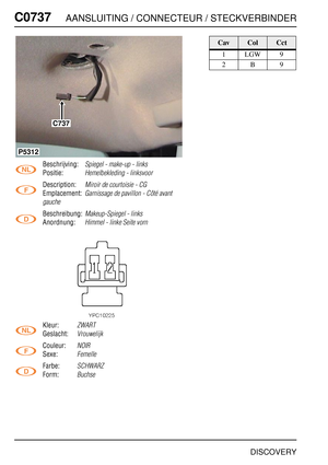 Page 667C0737AANSLUITING / CONNECTEUR / STECKVERBINDER
DISCOVERY
C073 7
Beschrijving:Spiegel - make-up - links
Positie:Hemelbekleding - linksvoor
Description:Miroir de courtoisie - CG
Emplacement:Garnissage de pavillon - Côté avant 
gauche
Beschreibung:Makeup-Spiegel - links
Anordnung:Himmel - linke Seite vorn
Kleur:ZWART
Geslacht:Vrouwelijk
Couleur:NOIR
Sexe:Femelle
Farbe:SCHWARZ
Form:Buchse
C737
P5312
CavColCct
1LGW9
2B9 