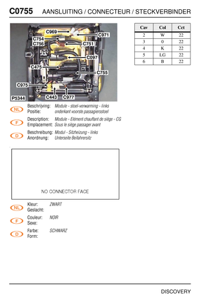 Page 677C0755AANSLUITING / CONNECTEUR / STECKVERBINDER
DISCOVERY
C075 5
Beschrijving:Module - stoel-verwarming - links
Positie:onderkant voorste passagiersstoel
Description:Module - Elément chauffant de siège - CG
Emplacement:Sous le siège passager avant
Beschreibung:Modul - Sitzheizung - links
Anordnung:Unterseite Beifahrersitz
Kleur:ZWART
Geslacht:
Couleur:
NOIR
Sexe:
Farbe:
SCHWARZ
Form:
P5344
C971C969
C754
C751
C097
C755
C475
C975
C443C977
C756
CavColCct
2W22
3022
4K22
5LG22
6B22 