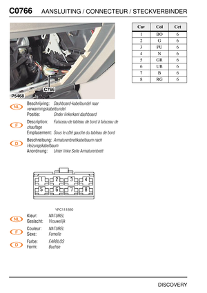Page 685C0766AANSLUITING / CONNECTEUR / STECKVERBINDER
DISCOVERY
C076 6
Beschrijving:Dashboard-kabelbundel naar 
verwarmingskabelbundel
Positie:Onder linkerkant dashboard
Description:Faisceau de tableau de bord à faisceau de 
chauffage
Emplacement:Sous le côté gauche du tableau de bord
Beschreibung:Armaturenbrettkabelbaum nach 
Heizungskabelbaum
Anordnung:Unter linke Seite Armaturenbrett
Kleur:NATUREL
Geslacht:Vrouwelijk
Couleur:NATUREL
Sexe:Femelle
Farbe:FARBLOS
Form:Buchse
C766
P5468
CavColCct
1BO6
2G6
3PU6...