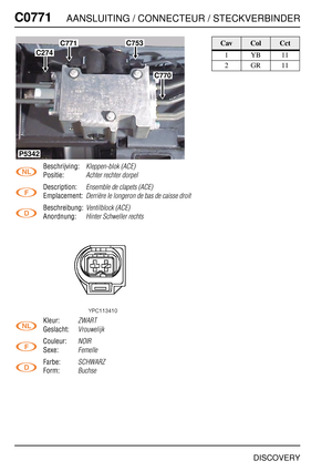 Page 689C0771AANSLUITING / CONNECTEUR / STECKVERBINDER
DISCOVERY
C077 1
Beschrijving:Kleppen-blok (ACE)
Positie:Achter rechter dorpel
Description:Ensemble de clapets (ACE)
Emplacement:Derrière le longeron de bas de caisse droit
Beschreibung:Ventilblock (ACE)
Anordnung:Hinter Schweller rechts
Kleur:ZWART
Geslacht:Vrouwelijk
Couleur:NOIR
Sexe:Femelle
Farbe:SCHWARZ
Form:Buchse
C770
C753C771
C274
P5342
CavColCct
1YB11
2GR11 