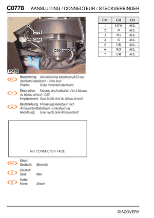 Page 693C0778AANSLUITING / CONNECTEUR / STECKVERBINDER
DISCOVERY
C077 8
Beschrijving:Airconditioning-kabelboom (A/C) naar 
dashboard-kabelboom - Links stuur
Positie:Onder rechterkant dashboard
Description:Faisceau de climatisation d'air à faisceau 
du tableau de bord - CAG
Emplacement:Sous le côté droit du tableau de bord
Beschreibung:Klimaanlagenkabelbaum nach 
Armaturenbrettkabelbaum - Linkssteuerung
Anordnung:Unter rechte Seite Armaturenbrett
Kleur:
Geslacht:
Mannelijk
Couleur:
Sexe:
Mâle
Farbe:
Form:...