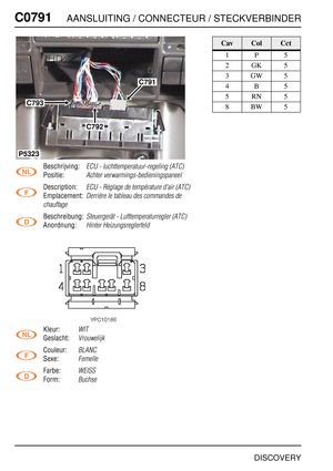 Page 705C0791AANSLUITING / CONNECTEUR / STECKVERBINDER
DISCOVERY
C079 1
Beschrijving:ECU - luchttemperatuur-regeling (ATC)
Positie:Achter verwarmings-bedieningspaneel
Description:ECU - Réglage de température d'air (ATC)
Emplacement:Derrière le tableau des commandes de 
chauffage
Beschreibung:Steuergerät - Lufttemperaturregler (ATC)
Anordnung:Hinter Heizungsreglerfeld
Kleur:WIT
Geslacht:Vrouwelijk
Couleur:BLANC
Sexe:Femelle
Farbe:WEISS
Form:Buchse
C791
C792
C793
P5323
CavColCct
1P5
2GK5
3GW5
4B5
5RN5
8BW5 