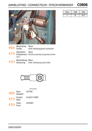 Page 718AANSLUITING / CONNECTEUR / STECKVERBINDERC0808
DISCOVERY
C0 808
Beschrijving:Massa
Positie:Achter bekledingspaneel rechtsachter
Description:Masse
Emplacement:Derrière le panneau de garniture arrière 
droit
Beschreibung:Masse
Anordnung:Hinter Verkleidung rechts hinten
Kleur:VERTIND
Geslacht:
Couleur:
PLAQUE ETAMEE
Sexe:
Farbe:
VERZINNT
Form:
C808
C690
C706
P5306
CavColCct
1BALL 