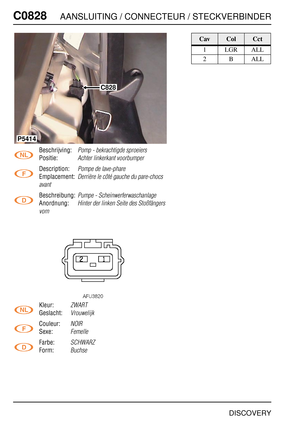 Page 723C0828AANSLUITING / CONNECTEUR / STECKVERBINDER
DISCOVERY
C082 8
Beschrijving:Pomp - bekrachtigde sproeiers
Positie:Achter linkerkant voorbumper
Description:Pompe de lave-phare
Emplacement:Derrière le côté gauche du pare-chocs 
avant
Beschreibung:Pumpe - Scheinwerferwaschanlage
Anordnung:Hinter der linken Seite des Stoßfängers 
vorn
Kleur:ZWART
Geslacht:Vrouwelijk
Couleur:NOIR
Sexe:Femelle
Farbe:SCHWARZ
Form:Buchse
C828
P5414
CavColCct
1 LGR ALL
2BALL 