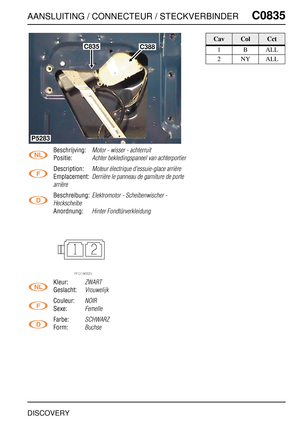 Page 728AANSLUITING / CONNECTEUR / STECKVERBINDERC0835
DISCOVERY
C0 835
Beschrijving:Motor - wisser - achterruit
Positie:Achter bekledingspaneel van achterportier
Description:Moteur électrique d'essuie-glace arrière
Emplacement:Derrière le panneau de garniture de porte 
arrière
Beschreibung:Elektromotor - Scheibenwischer - 
Heckscheibe
Anordnung:Hinter Fondtürverkleidung
Kleur:ZWART
Geslacht:Vrouwelijk
Couleur:NOIR
Sexe:Femelle
Farbe:SCHWARZ
Form:Buchse
C835C388
P5283
CavColCct
1BALL
2NYALL 