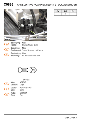 Page 729C0836AANSLUITING / CONNECTEUR / STECKVERBINDER
DISCOVERY
C083 6
Beschrijving:Massa
Positie:bovenkant motor - Links
Description:Masse
Emplacement:Sommet du moteur - côté gauche
Beschreibung:Masse
Anordnung:Auf dem Motor - linke Seite
Kleur:VERTIND
Geslacht:Oogje
Couleur:PLAQUE ETAMEE
Sexe:Oeillet
Farbe:VERZINNT
Form:Öse
C836
P5806
CavColCct
1G1 