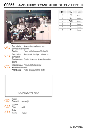 Page 731C0856AANSLUITING / CONNECTEUR / STECKVERBINDER
DISCOVERY
C085 6
Beschrijving:Verwarmingskabelbundel naar 
carrosserie-kabelbundel
Positie:Achter bekledingspaneel linksachter
Description:Faisceau de chauffage à faisceau de 
carrosserie
Emplacement:Derrière le panneau de garniture arrière 
gauche
Beschreibung:Heizungskabelbaum nach 
Karosseriekabelbaum
Anordnung:Hinter Verkleidung links hinten
Kleur:
Geslacht:
Mannelijk
Couleur:
Sexe:
Mâle
Farbe:
Form:
Stecker
P5413
C856
C817
C425
C023
C857
CavColCct...
