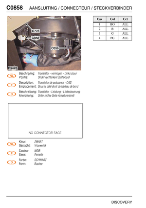 Page 733C0858AANSLUITING / CONNECTEUR / STECKVERBINDER
DISCOVERY
C085 8
Beschrijving:Transistor - vermogen - Links stuur
Positie:Onder rechterkant dashboard
Description:Transistor de puissance - CAG
Emplacement:Sous le côté droit du tableau de bord
Beschreibung:Transistor - Leistung - Linkssteuerung
Anordnung:Unter rechte Seite Armaturenbrett
Kleur:ZWART
Geslacht:Vrouwelijk
Couleur:NOIR
Sexe:Femelle
Farbe:SCHWARZ
Form:Buchse
C778
C858
C056
P5428
CavColCct
1BOALL
2BALL
3GALL
4PGALL 