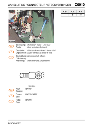 Page 740AANSLUITING / CONNECTEUR / STECKVERBINDERC0910
DISCOVERY
C0 910
Beschrijving:Multistekker - massa - Links stuur
Positie:Onder rechterkant dashboard
Description:Collecteur de raccordement - Masse - CAG
Emplacement:Sous le côté droit du tableau de bord
Beschreibung:Sammelanschluß - Masse - 
Linkssteuerung
Anordnung:Unter rechte Seite Armaturenbrett
Kleur:VERTIND
Geslacht:
Couleur:
PLAQUE ETAMEE
Sexe:
Farbe:
VERZINNT
Form:
C464
C018
C239
C463
C910
P5469
CavColCct
1B33 