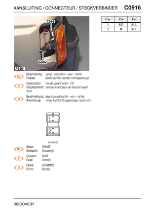 Page 742AANSLUITING / CONNECTEUR / STECKVERBINDERC0916
DISCOVERY
C0 916
Beschrijving:Lamp - zijcontour - voor - rechts
Positie:Achter rechter voorste richtingaanwijzer
Description:Feu de gabarit avant - CD
Emplacement:Derrière l'indicateur de direction avant 
droit
Beschreibung:Begrenzungsleuchte - vorn - rechts
Anordnung:Hinter Fahrtrichtungsanzeiger rechts vorn
Kleur:ZWART
Geslacht:Vrouwelijk
Couleur:NOIR
Sexe:Femelle
Farbe:SCHWARZ
Form:Buchse
C916
C002
P5361
CavColCct
1ROALL
2BALL 