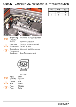Page 749C0926AANSLUITING / CONNECTEUR / STECKVERBINDER
DISCOVERY
C092 6
Beschrijving:Verwarming - gevoed door brandstof - 
Links stuur
Positie:Rechterkant tussenschot
Description:Chauffage - A combustible - CAG
Emplacement:Côté droit du tablier
Beschreibung:Heizelement - Kraftstoffverbrennung - 
Linkssteuerung
Anordnung:Rechte Seite des Spritzwand
Kleur:ZWART
Geslacht:Vrouwelijk
Couleur:NOIR
Sexe:Femelle
Farbe:SCHWARZ
Form:Buchse
C925C926
P5807
CavColCct
1PN19
2B19 
