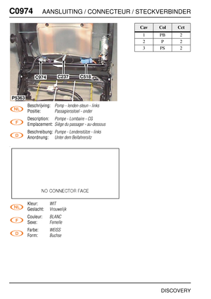 Page 755C0974AANSLUITING / CONNECTEUR / STECKVERBINDER
DISCOVERY
C097 4
Beschrijving:Pomp - lenden-steun - links
Positie:Passagiersstoel - onder
Description:Pompe - Lombaire - CG
Emplacement:Siège du passager - au-dessous
Beschreibung:Pumpe - Lendenstütze - links
Anordnung:Unter dem Beifahrersitz
Kleur:WIT
Geslacht:Vrouwelijk
Couleur:BLANC
Sexe:Femelle
Farbe:WEISS
Form:Buchse
C518C237C974
P5363
CavColCct
1PB2
2P2
3PS2 
