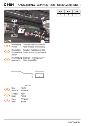 Page 769C1484AANSLUITING / CONNECTEUR / STECKVERBINDER
DISCOVERY
C148 4
Beschrijving:Ontvanger - radio-frequentie (RF)
Positie:Achter middelste hemelbekleding
Description:Récepteur - Radiofréquence (RF)
Emplacement:Derrière le centre du garnissage de 
pavillon
Beschreibung:Empfänger - Hochfrequenz (HF)
Anordnung:Hinter Himmel Mitte
Kleur:ZWART
Geslacht:Vrouwelijk
Couleur:NOIR
Sexe:Femelle
Farbe:SCHWARZ
Form:Buchse
C674
P5364
C1484
CavColCct
1B27 