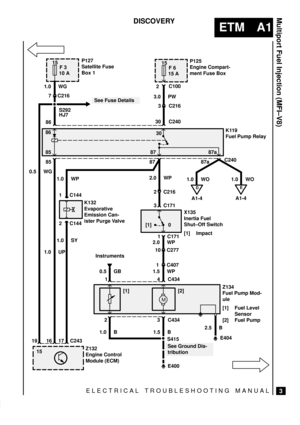 Page 19ELECTRICAL TROUBLESHOOTING MANUAL
ETM A1
Multiport Fuel Injection (MFI±V8)
3
DISCOVERY
M
D
A1-4 C216
E
A1-4
P127
Satellite Fuse
Box 1P125
Engine Compart-
ment Fuse Box
K119
Fuel Pump Relay
X135
Inertia Fuel
Shut±Off Switch
[1] Impact K132
Evaporative
Emission Can-
ister Purge Valve
Z132
Engine Control
Module (ECM)Z134
Fuel Pump Mod-
ule
[1] Fuel Level
Sensor
[2] Fuel Pump 15
15
86
85 87 87a30
[1] 0
[1] [2]
15F 3
F 6
10 A
15 A
C216 1.0 WG
7
0.5 WG
1.0 UP1.0 WP
1.0 SY
0.5 GB 1.5 WP2.0 WP 2.0 WP3.0 PW
C216...