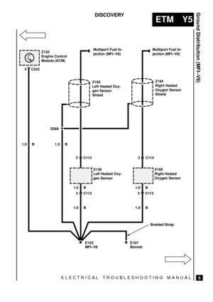 Page 477ELECTRICAL TROUBLESHOOTING MANUAL
ETM Y5
Ground Distribution (MFI±V8)
5
DISCOVERY
Multiport Fuel In-
jection (MFI±V8) Z132
Engine Control
Module (ECM)
Z193
Left Heated Oxy-
gen Sensor
ShieldZ194
Right Heated
Oxygen Sensor
Shield
C243
1.0 B 1.5 B
1.0 B2
C112
3C112X139
Left Heated Oxy-
gen Sensor
1.0 B2C113
3C113X160
Right Heated
Oxygen Sensor S289
E103
MFI±V8E107
BonnetBraided Strap
Multiport Fuel In-
jection (MFI±V8)
4
1.0 B 1.0 B 