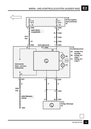 Page 103WARN– UND KONTROLLEUCHTEN (AUSSER NAS)E2
13SCHALTPLAN
P126
Sicherungsbox
Instrumententa-
fel15
10 A
Z142
Kombiinstrument
[5] Airbag–Prü-
fanzeige
[6] Airbag–An-
zeige 1
[7] Airbag–An-
zeige 2
1P
14
3 C223
3 C252S
22 C354
Z151
Airbag–Steuerge-
rät
1 C223
8 C204F 7
siehe Siche-
rungsdetails
15
10 A
LG
S214
2 C222 15 C208F 14
5 C252G
[6]
[7] [5]
5
Instrumente
Warn– und Kon-
trolleuchten
S253
E201
siehe Massean-
schluß 1 C221
B

HJ8
6 C252
2 C223
nicht gebraucht
15
31
16 C209
HJ9 