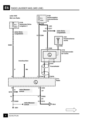 Page 109RADIO (AUSSER NAS) (MID LINE)E6
4SCHALTPLAN
S2061
4
E201
30
F 6
20 A
PP128
Dezentrale Siche-
rungsbox 2
6RN
siehe Siche-
rungsdetails
Innenleuchten
C2029 4
siehe Massean-
schluß
C2055 12UY
PY
C212 13Z111
Radio
8
B
13
5 C230 außer NAS
Mid Line Radio
X
F 3
10 A
siehe Siche-
rungsdetails
P126
Sicherungsbox
Instrumententa-
fel
1 C229
13 C209
1 C426
1 C468
Z178
Antennenverstär-
ker rechts
C470
C2079Koaxialkabel
Z181
Fensterantenne
rechts
C230
7
S334
12 C277LGO
AE6-8
S272
siehe Massean-
schluß 