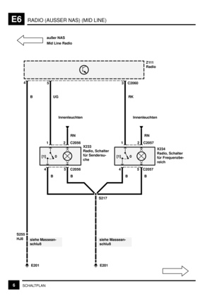 Page 111RADIO (AUSSER NAS) (MID LINE)E6
6SCHALTPLAN
0C2060
UG 5
1
5
BB
2
C2056 4C2056RN
X233
Radio, Schalter
für Sendersu-
che
RK 3
1
5
BB
2
C2057 4C2057RN
S217
E201
siehe Massean-
schluß Innenleuchten InnenleuchtenZ111
Radio
0
E201
siehe Massean-
schluß S255
HJ8B 4
[1] [1]
außer NAS
Mid Line Radio
X234
Radio, Schalter
für Frequenzbe-
reich 